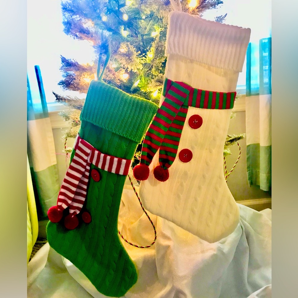 Set of 2, green, white, red sweater cable knit Christmas Stockings! Buttons.